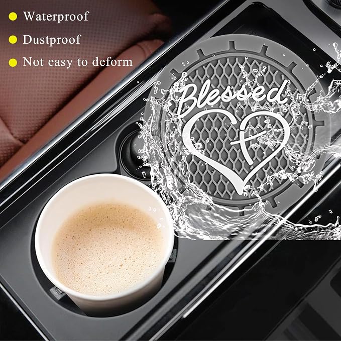 KVAEY 2 PCS Car Cup Holder Coasters, 2.76 Inch Anti Slip Vehicle Drink Mats with Cute Blessed Cross and Heart, Shockproof, Universal Car Accessories (Gray, 2 PCS)