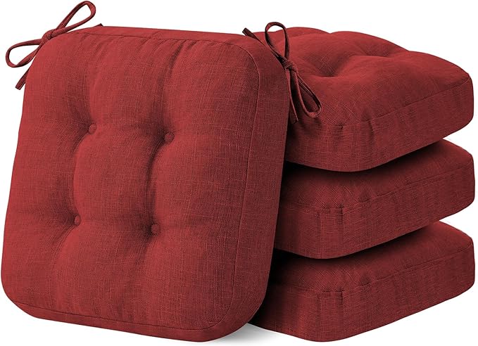 IASEAHK Chair Cushions for Dining Chairs, Dining Chair Cushions, Tufted Indoor Chair Pads with Ties & Non Slip Backing, Seat Cushions for Kitchen Chairs 16.5” x 16.5” x 3.5”, Set of 4, Red