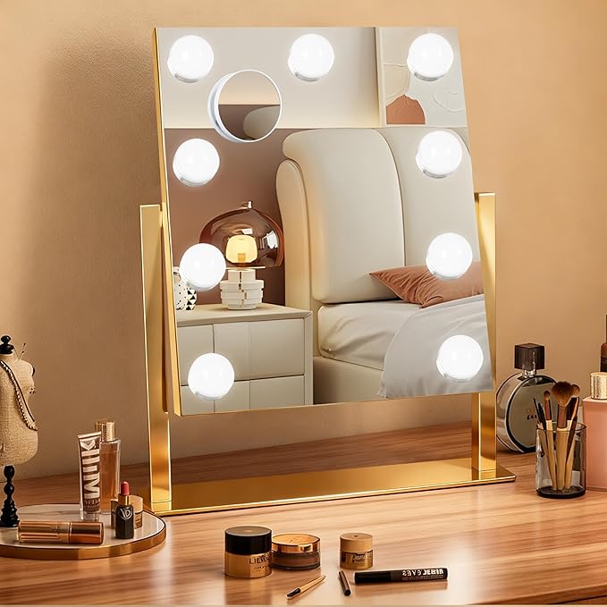 Ratsamee Portable Travel Makeup Mirror with Lights, 2500mAh Rechargeable Vanity Mirror with Touch Control, 3 Color Lighting Dimmable, 7x10Inch Adjustable Desktop Cosmetic Mirror for Bathroom, Bedroom