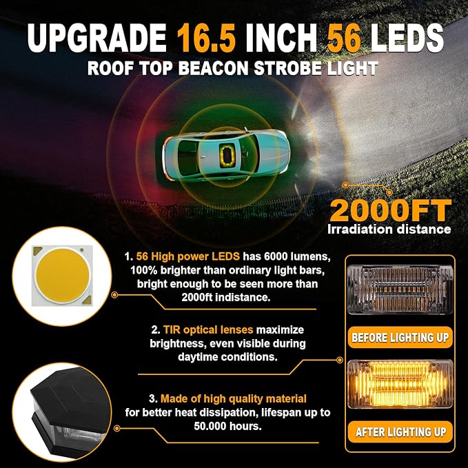 ASPL 16.5 Inch Roof Top Beacon Emergency Strobe Light 56 LED Magnetic Warning Caution lights bar Traffic Hazard Plow Light for Trucks Vehicles Construction Snowplow (Amber/Green)