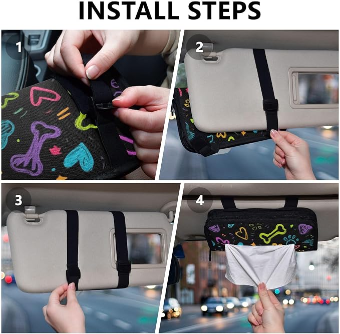Car Visor Tissue Holder Mask Holder for Car, Car Tissue Box Sun Visor Napkin Holder Car Visor Accessories Adjustable Straps Reusable Durable Easy to Install Doodle Black Paw Print and Hearts
