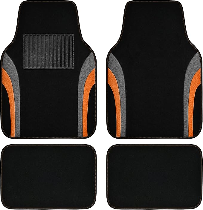 CAR PASS Leather Sporty Car Floor Mats Carpet, Universal Waterproof Automotive Floor Mat Fit for Sedans, Cars, Mid Trucks, Vans, SUV, Set of 4 (Black and Orange)