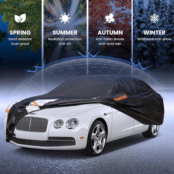 Multi-Layer Car Cover Custom Fit for Bentley Flying Spur(2013-2026), 100% Waterproof All Weather for Automobiles, Gift with Towel, Heavy Duty Car Covers for Rain Sun UV Protection with Door Zipper.