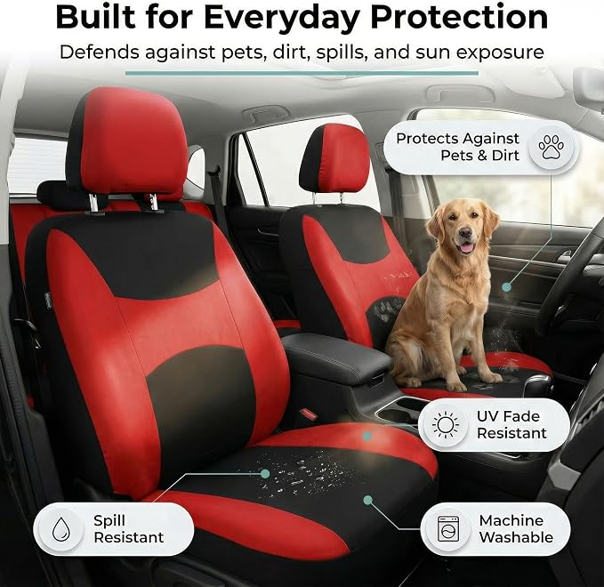 FH Group Universal Car Seat Covers Front Set for SUV Truck Sedan Vans | Waterproof All-Purpose Cloth Seat Cover Set Airbag Compatible Washable Split Bench Protector Interior Upgrade - Red