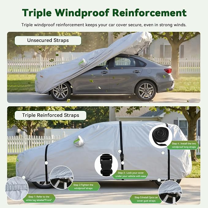AUQDD 6-Layers Premium Hatchback Car Cover Waterproof All Weather Weatherproof UV Sun Protection Snow Dust Storm Resistant Outdoor Exterior Custom Form-Fit Full Padded Car Cover with Straps -173" K18