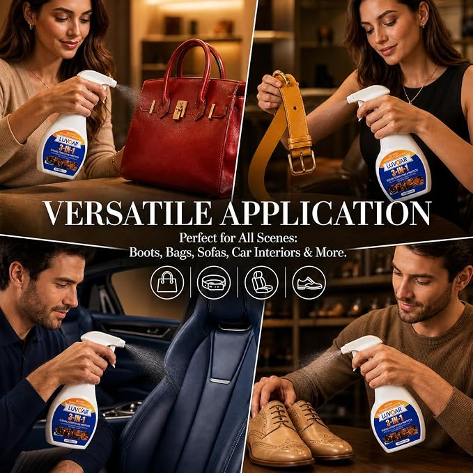Leather Cleaner and Conditioner 3-in-1 Spray, Use on Leather Furniture, Car Seats, Shoes, Bags, Jackets and Leather Bags with Microfiber Brush & Microfiber Cloth(16 oz Spray Bottle)