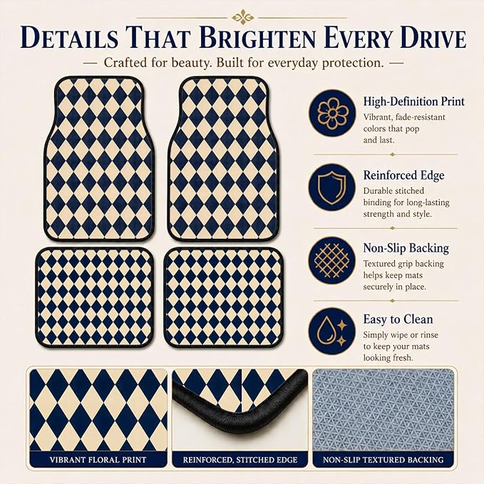 Diamond Car Floor Mats Set of 4 Navy Cream Geometric Car Accessories Foot Mats Rugs, Non-Slip,Decor for Universal Fit for Suvs Sedans Trucks Cars Auto Floor Carpets Rugs All-Weather