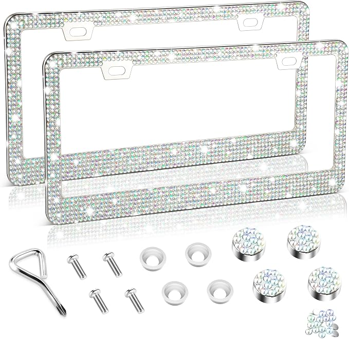 Amiss Bling License Plate Frame for Women, 2Pack Rhinestone Handcrafted Crystal Premium Stainless Steel, Stainless Steel Car Decorative Accessories with Diamond Sparkle Glitter Caps (Colorful)
