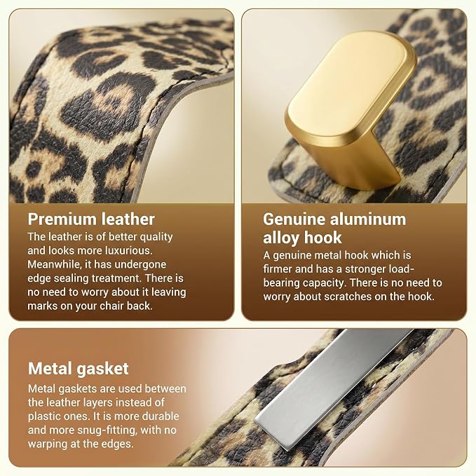 2 Pack Leopard Print Headrest Hooks, Heavy Duty Purse Hook Holder Universal Leopard Vehicle Storage Organizer for Purses Bags Accessories