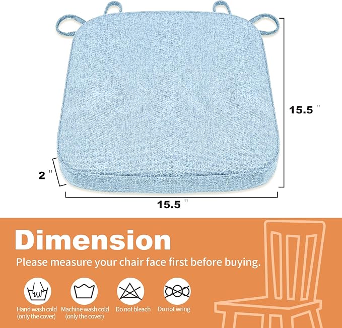 SINOSSO Memory Foam Chair Cushions for Folding Chairs 4 Pack, Thickened 2" Square Pads with Ties for Kitchen Chairs, Indoor Non-Slip Dining Chair Seat Cushions (Set of 4, Water Blue)