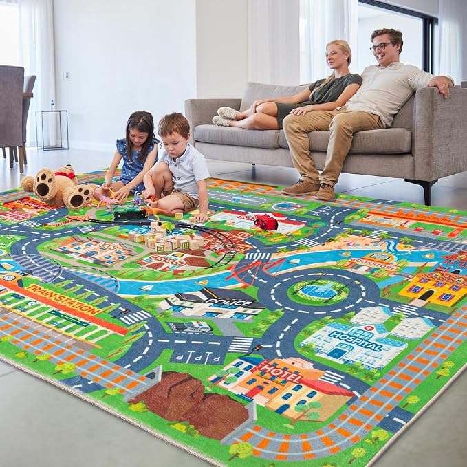 Car Rug Play Mat for Kids Toy Cars, 4 Packs 3'x4'/ 36"x48" Road Traffic Playmat for Kid Bedroom, Non-Slip Machine Washable Town City Race Track Carpet for Learn and Have Fun