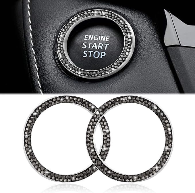 WINKA 2pcs Bling Car Engine Start Button Cover Diamond Crystal Push Start Stop Button Ring Sparkly Bling Ignition Button Cover Rhinestone Keyless Ignition Ring Universal Car Accessories (Silver)