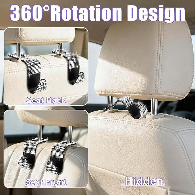 BFXM 6 Pack Bling Car Seat Headrest Hooks, Bling Car Accessories for Women, Rhinestone Purse Hook for Car, Universal Storage Organizer for Handbag Grocery Bags Coats (Bling White)
