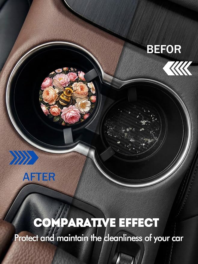 WOCOCN Car Coasters for Cup Holders - 2 Pack 2.75" Universal Rubber Car Cup Coaster, Non-Slip Waterproof Car Interior Accessories, Cute Car Decor Gifts for Women and Men (Gather Honey)