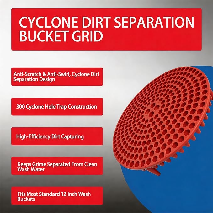 10.4in Heavy Duty Car Wash Bucket Grit Trap Insert (2 Pack) with Premium Wash Mitt & Microfiber Towel - Auto Detailing Dirt Separator Filter, Car Washing Accessories (Red Kit)