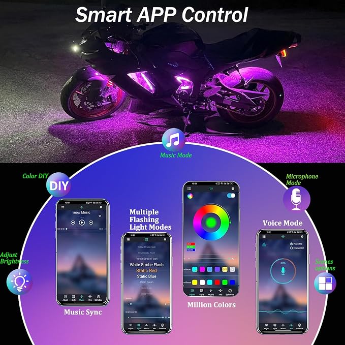 YUGUANG 12PCS Motorcycle Underglow Kit, Motorcycle Lights Underglow Kit with APP Control Multi-Color Music Sync Waterproof RGB Under Glow for Motorcycles
