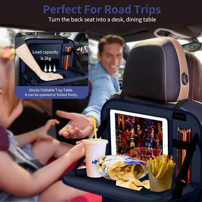 LUCMO Car Backseat Organizer with Foldable Tablet Holder, Dark Blue | 2 Pcs,6 Storage Pockets,Foldable Food Tray,Protectors Kick Mats,Travel Accessories,Seat Cover,Road Trip Essentials