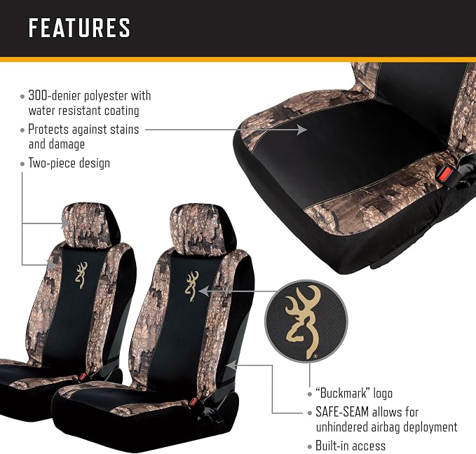 Browning Universal Low Back and Bench Seat Covers, Water and Dirt Resistant Car, Truck, and SUV Seat Covers, Morgan (Realtree Edge), Low Back (2 Pack)