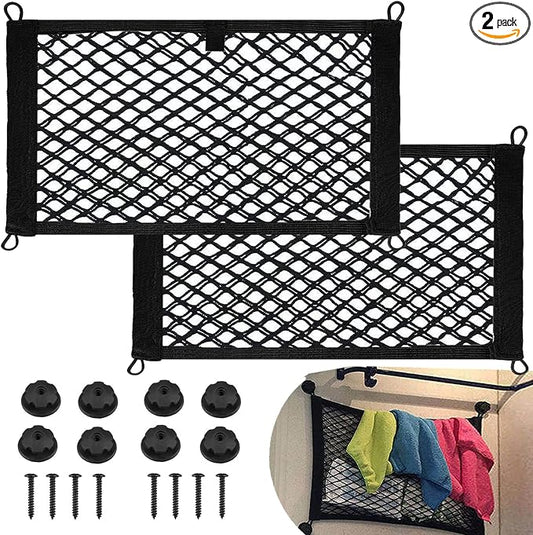 2 Pack Small Cargo Net Pocket Storage Mesh Net Elastic Automotive Cargo Nets Storage Pouch for Car Trunk Net, RV, Boat Storage Mesh Pocket Net with 8 Mounting Screws and Hooks (18 x 9.8 Inches)