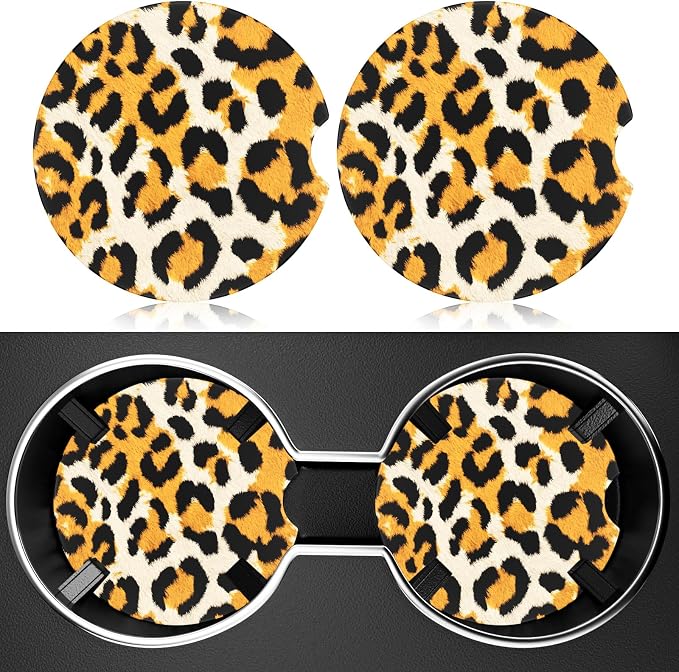 2 Pack Car Cup Holder Coaster, 2.63 inch Anti Slip Insert Absorbent Ceramic Car Coaster with Cork Base and Finger Notch, Cute Car Accessories Interior for Women, Cute Car Coasters.