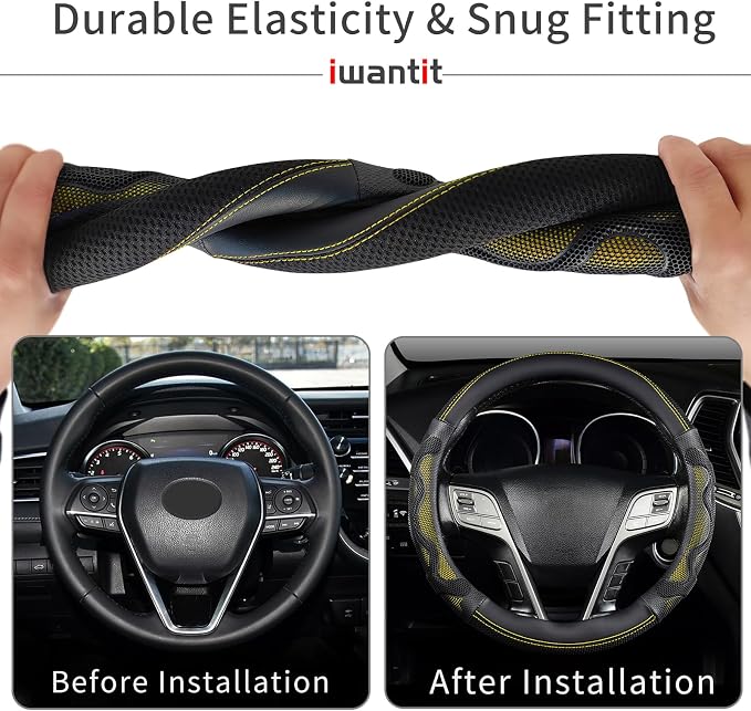 Iwantit® Steering Wheel Cover with 3D Honeycomb Anti-Slip Design and Breathable Fabrics and Pu Leather, Universal 14.5-15 Inch (Yellow/Black)
