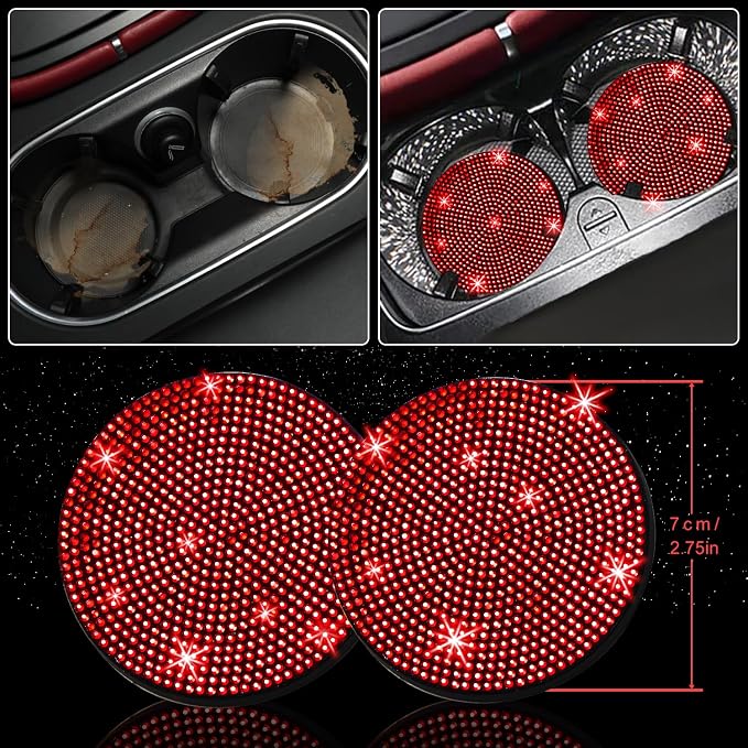 NBTEPEM 27 PCs Red Bling Car Accessories Set for Women, Steering Wheel Covers Universal Fit 15 Inch, Bling License Plate Frame, Bling Phone Holder, Bling Car Coasters (Red Diamond)