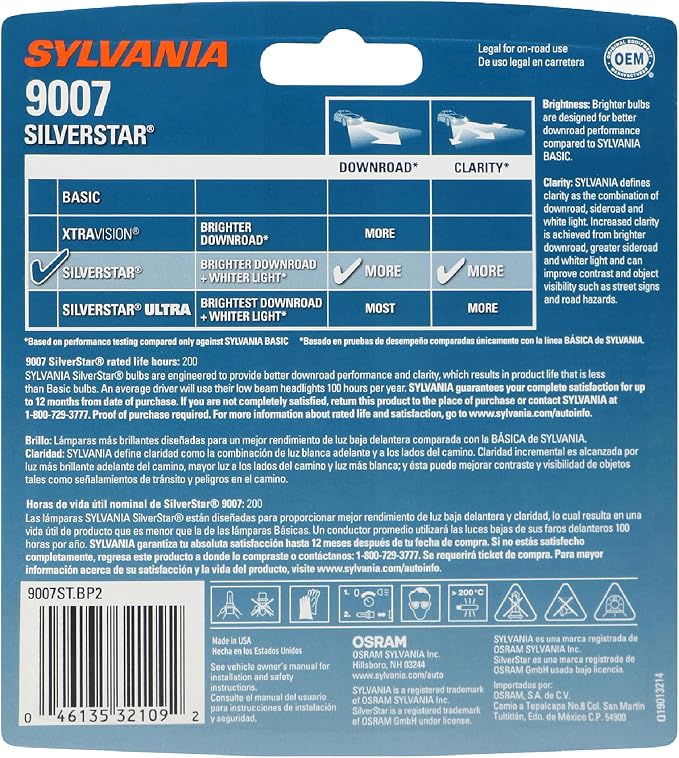 SYLVANIA - 9007 SilverStar - High Performance Halogen Headlight Bulb, High Beam, Low Beam and Fog Replacement Bulb, Brighter Down Road with Whiter Light (Contains 2 Bulbs)