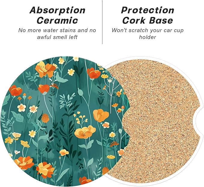 Aiawoxc Car Cup Holder Coasters, 2 Pack Universal Auto Anti Slip Insert Coaster with A Finger Notch, Cup Mat for Most Car Interior, Beautiful Flowers