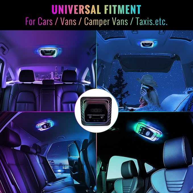 Universal Car Rear Dome Light Replacement,Adjustable LED Ceiling Lamps Assembly w/Touch Screen,Car RV Interior Lighting w/Door Trigger Switch,Over-Head Roof Ambient Light,RGB (Ripple Style)