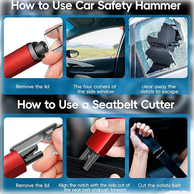 Car Window Breaker & Seatbelt Cutter, 2-in-1 Emergency Escape Tool, Auto Glass Breaker Spring Loaded Safety Hammer for Sinking Cars, Flood Rescue, Locked Doors, New Cars & Family Travel 4PCS Red