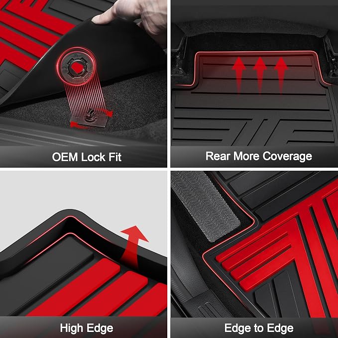 Rubber Floor Mats Fit for Honda CR-V 2012-2016 (Not Fit EX-L & Touring) | Custom Fit for CRV EX & LX & SE Heavy Duty Anti-Slip Car Mats, 1st & 2nd Row, Black & Red