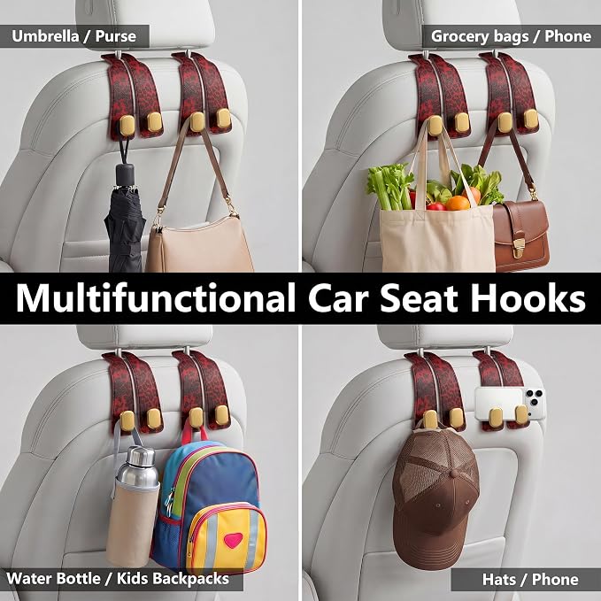 Purse Hook for Car Seat Headrest,Suede Car Purse Hook,Heavy Duty Car Hooks Organizer for Handbags,Grocery Bags & Backpacks,Universal Car Hooks for SUV Truck Interior (Red Leopard Print, Double hook)