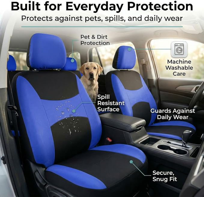 FH Group Universal Automotive Seat Covers 8 Seater Set | Light & Breezy Flat Cloth Washable Car Seat Cover for SUV, Sedan, Truck | Airbag Compatible Interior Upgrade - Blue/Black