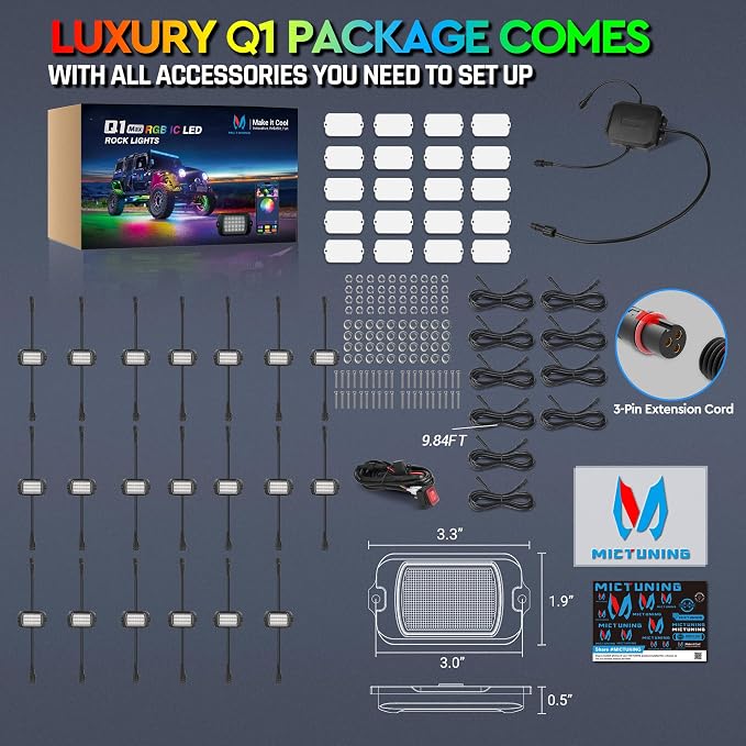 MICTUNING Q1 MAX RGB+IC Chasing Color Ultra-Bright Rock Lights 20 Pods Kits | 1000% Brighter 24 Light Chips Per Pod, Switch Wiring Kit, Aluminum Housing, IP68 Waterproof, Series/Parallel, Up to 24 Pods