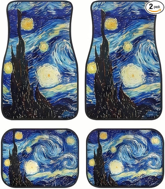 Universal Fit Car Floor Mats Set of 4Pcs, Retro Starry Night Pattern All-Weather Front Rear Car Carpet Mats, Non-Slip Car Floor Mat Car Accessories for Automotive Trucks SUV Sedans Vans