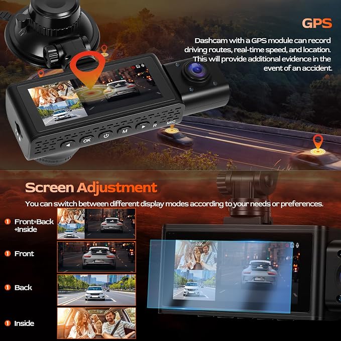 3 Channel 2.5K Dash Cam with WiFi & APP Control, 2.5K+1080P+1080P Front Inside and Rear, Triple Dash Camera with G-Sensor, 24 Hours Parking Mode, Loop Recording, Night Vision