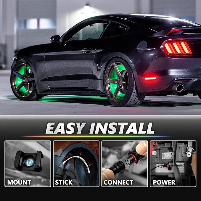 OPT7 Aura Pro RGB Wheel Well Lights for Cars with APP & Remote Control | Music Sync Lighting, 4PCS 24" Waterproof LED Strips, Multicolor Wheel Ring Accent Lights, Car Meet Accessories, 12V