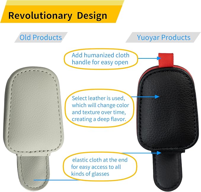 Yuoyar Magnetic Leather Sunglasses Holder for Car, 2 Packs (Black-red) | Magnetic Car Visor Accessories