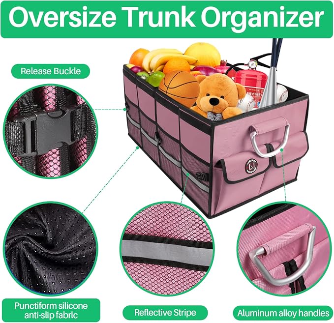 Car Trunk Organizer, Cargo Organizer SUV Trunk Storage Non Slip Bottom Waterproof Collapsible Durable Multi Compartments-(Standard,Pink)