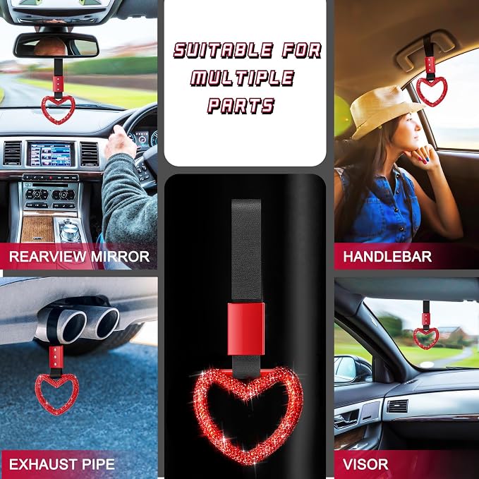 Fabbay Bling Car Accessories Bling Heart Handle Ring Car Accessory for Women Hand Strap Drift Charm Rear Bumper Warning Ring Decor for Auto Bus Interior Exterior Decoration (Red, Heart Style)