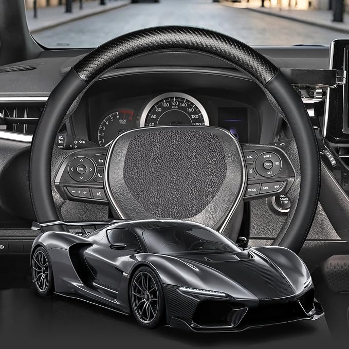 SEG Direct Car Steering Wheel Cover Small Size 14"-14 1/4" Black | For Model 3 Model Y Prius Civic Camaro Rogue, Non-Folding Packaging, Heavy duty, Microfiber Leather Carbon Fiber Pattern
