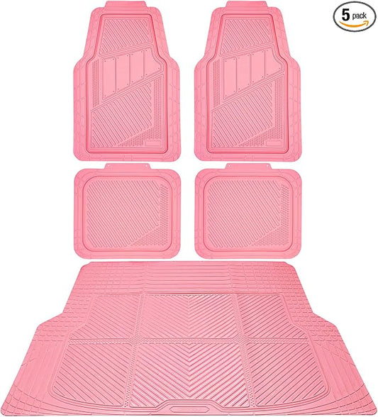 CAR PASS Heavy Duty Rubber Floor Mats Pink Car Mats Full Set with Trunk Cargo Liner - Universal Waterproof Floor Mats for Car SUV Truck, Durable All Weather Liner Mats Automotive Women (All Pink)
