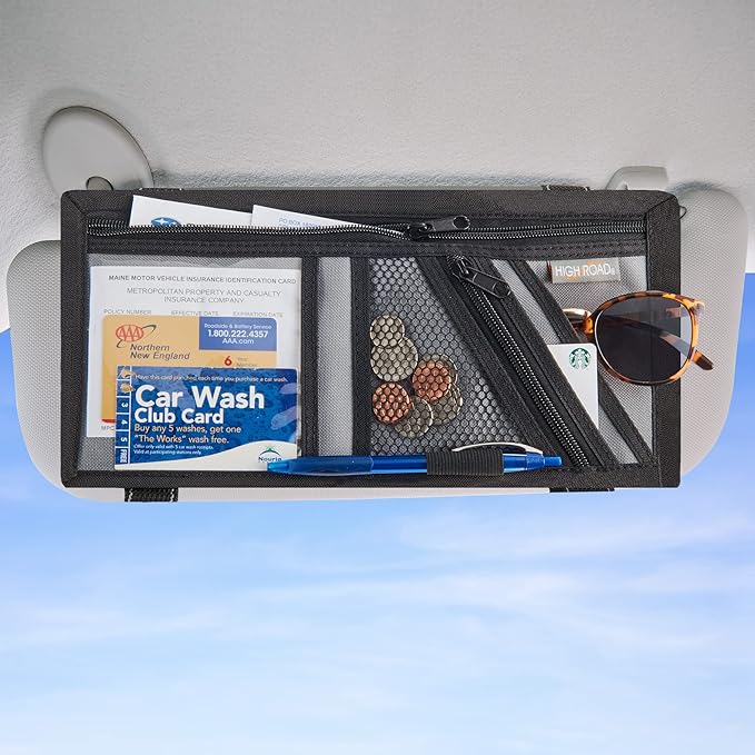 High Road Car Visor Organizer and Sun Visor Document Holder with Pockets | Slim Car Visor Organizer with Pockets Holds Registration and Insurance Cars, Pens and Papers Within Easy Reach