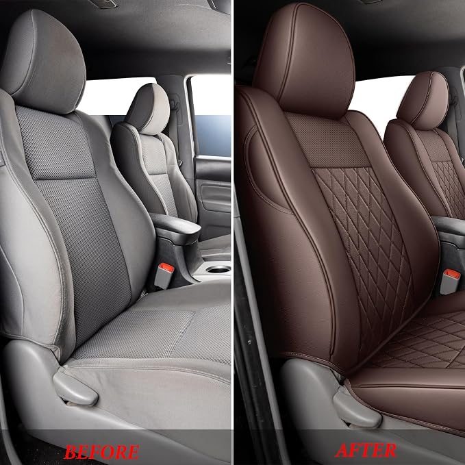 Coverado Tacoma Seat Covers, Leather Front Car Seat Covers for Toyota Tacoma, Car Seat Protector Compatible with 2005-2023 Toyota Tacoma Double/Crew Cab(Brown)