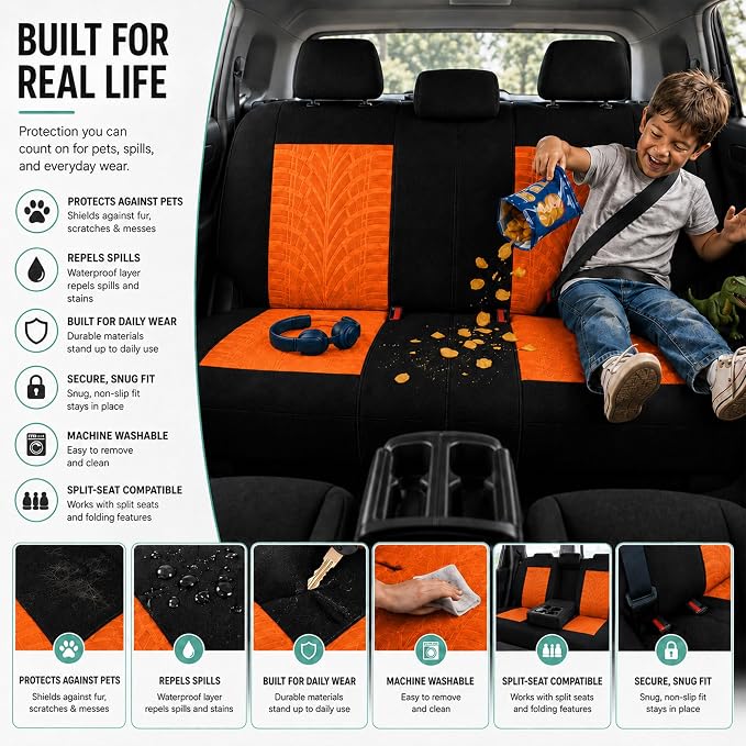 FH Group Full Set Travel Master Car Seat Covers, Airbag and Split Rear Car Seat Cover Universal Fit Interior Accessories for Cars Trucks SUV, Automotive Seat Covers, Orange
