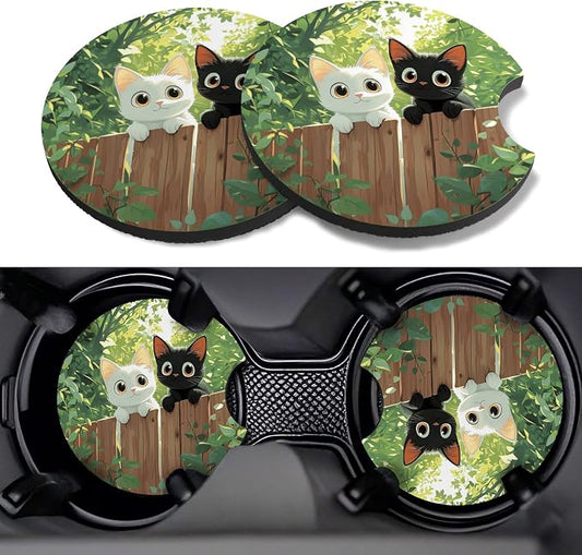 Car Cup Coasters,2 Pack Car Coaster,2.75inch Anti Slip and Absorbent Cars Coasters for Cup Holders,Neopren Accessories for Women,Cute Decor for Women (Two Cats)