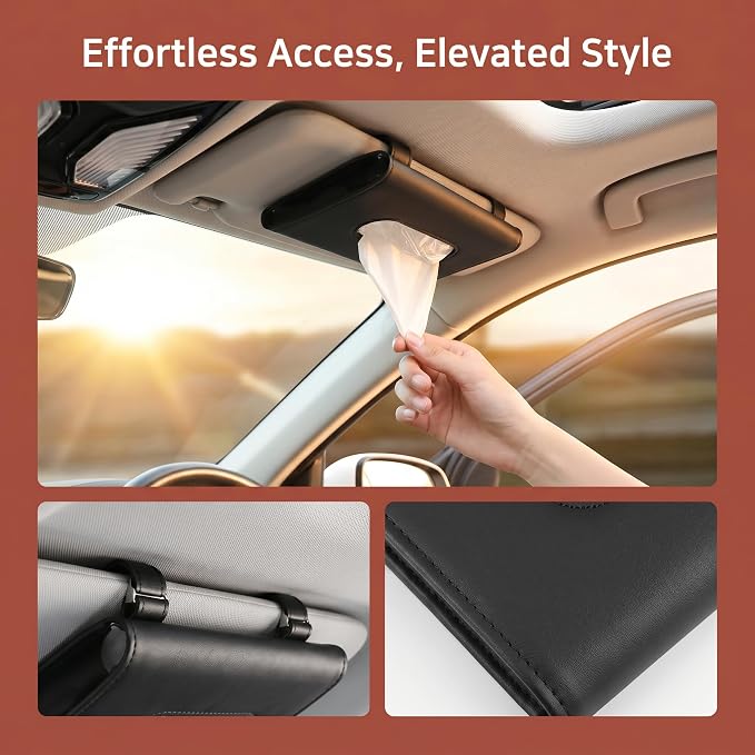 Car Tissue Holder, Visor Tissue Box for Car SUV Truck, Sun Visor Napkin Holder with Metal Clip, PU Leather Auto Interior Accessories (Black)