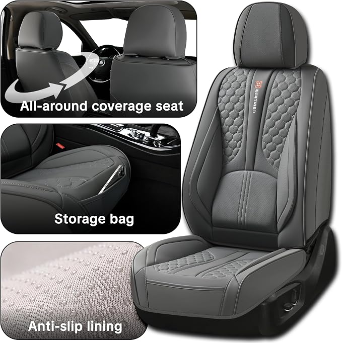 Full Set of Dark Gray Genuine Leather Seat Covers, Universal Fit | Four-Layer Anti-Slip Design with Lumbar Support