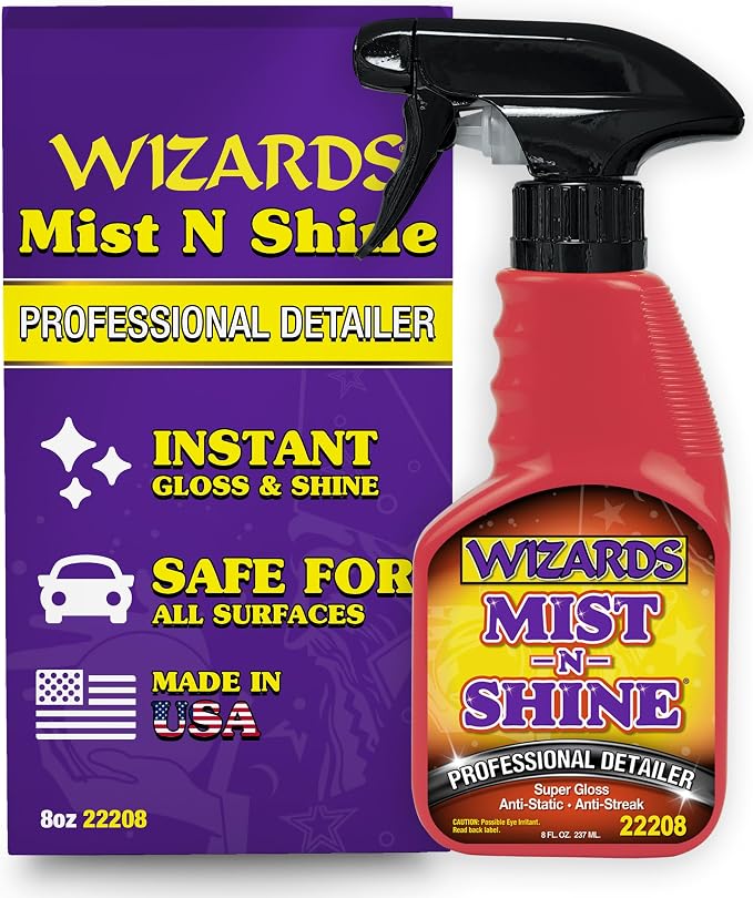 Wizards Mist-N-Shine Quick Detailer Spray - Waterless Wash - 8 oz | Anti-Static Formula for Paint, Chrome, Glass, Plastic, and Rubber Trim, Wax-Free, No Petroleum Solvents, Cars, Bikes, Boats