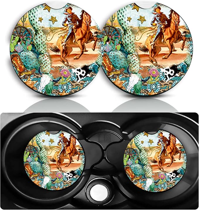 Western Horse Car Cup Holder Coasters Set of 2 – Fun Cowboy Car Accessories 2.75" Universal Size Anti Slip Rubber Mat Recessed Auto Insert Coasters Decor Horses Gifts for Women Men Dad Grandpa